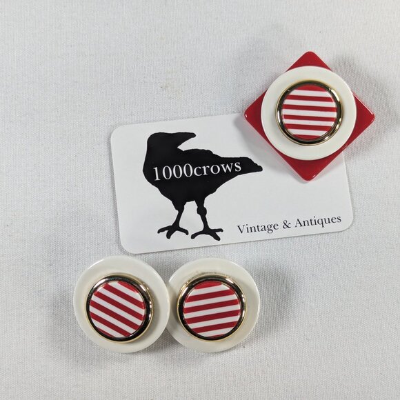 Chunky 1980s Nautical red stripe brooch and earring set - Picture 9 of 10